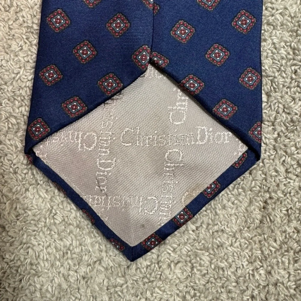 Christian Dior Monsieur Silk Tie Navy Blue Geometric Diamond Medallion Pattern